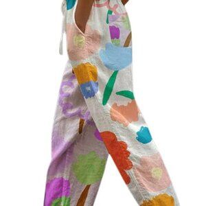Women's Vintage Floral Print High Elastic Waist Wide Leg Capri Beach Palazzo Pan